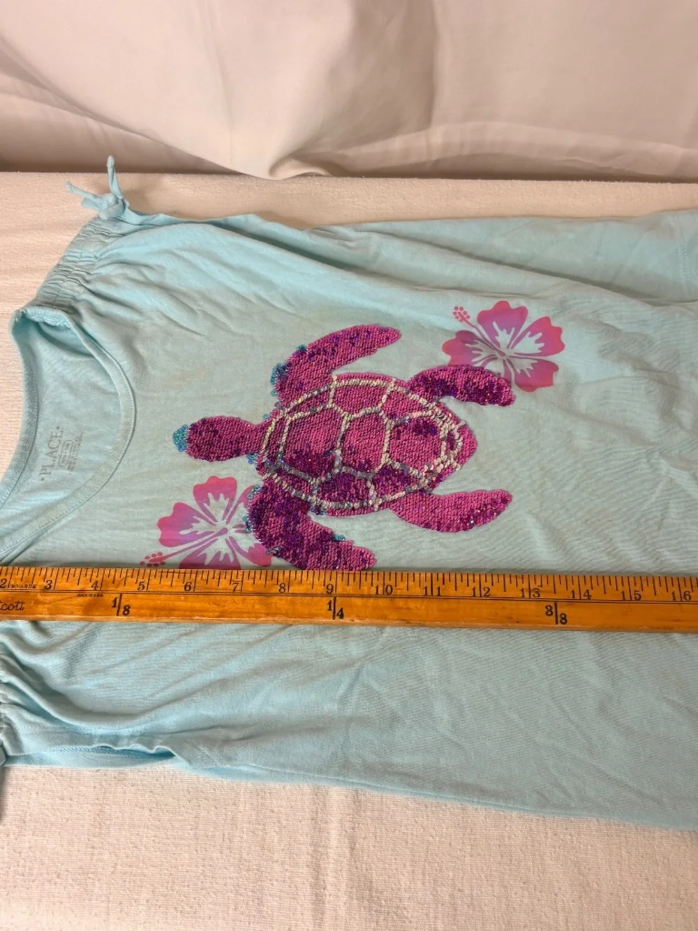 The Children's Place Girls Flip Sequin Sea Turtle Hibiscus Graphic Tee 7/8 Y2K